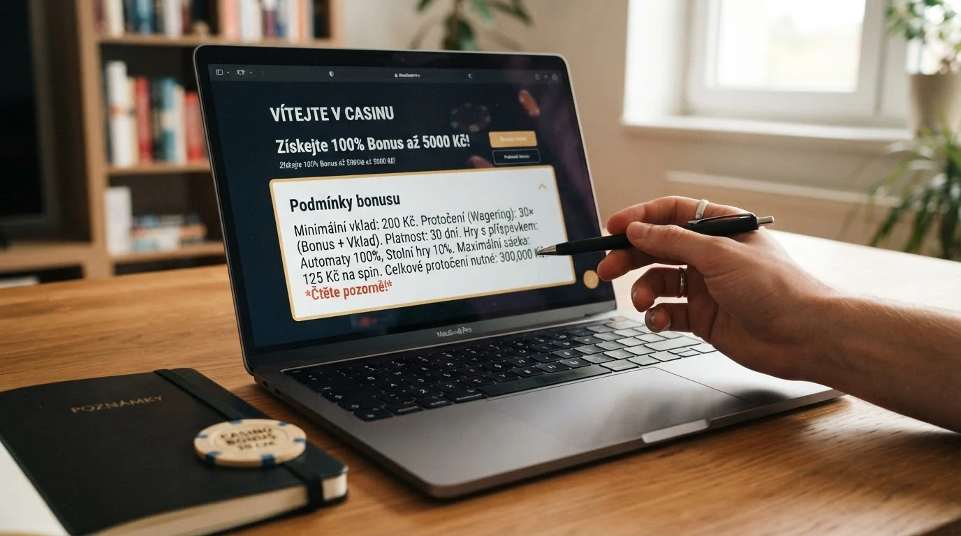 Detail bonusových podmínek na obrazovce — zvýrazněné řádky s protočením, maximální sázkou a vyloučenými hrami