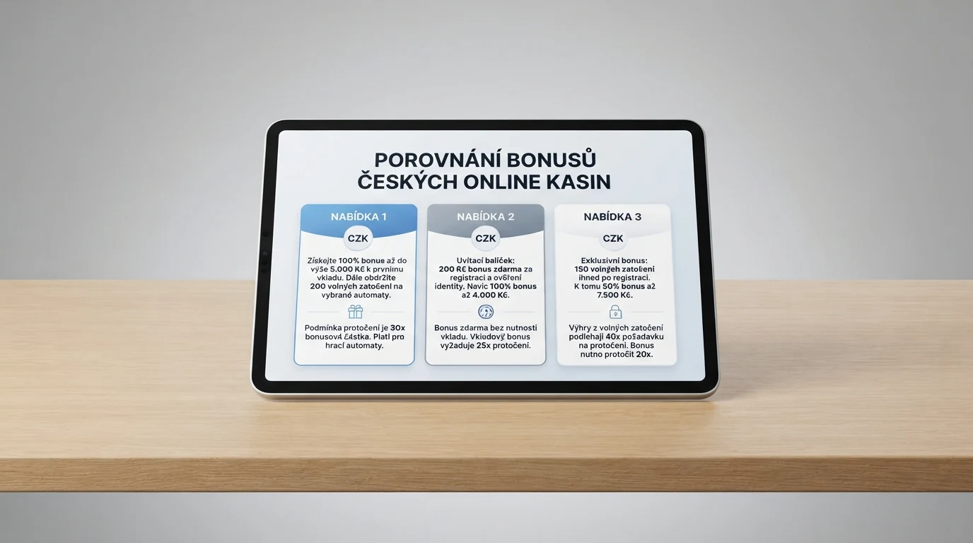 Srovnání bonusových nabídek několika českých online casin vedle sebe — výše bonusu, počet free spinů a násobek protočení