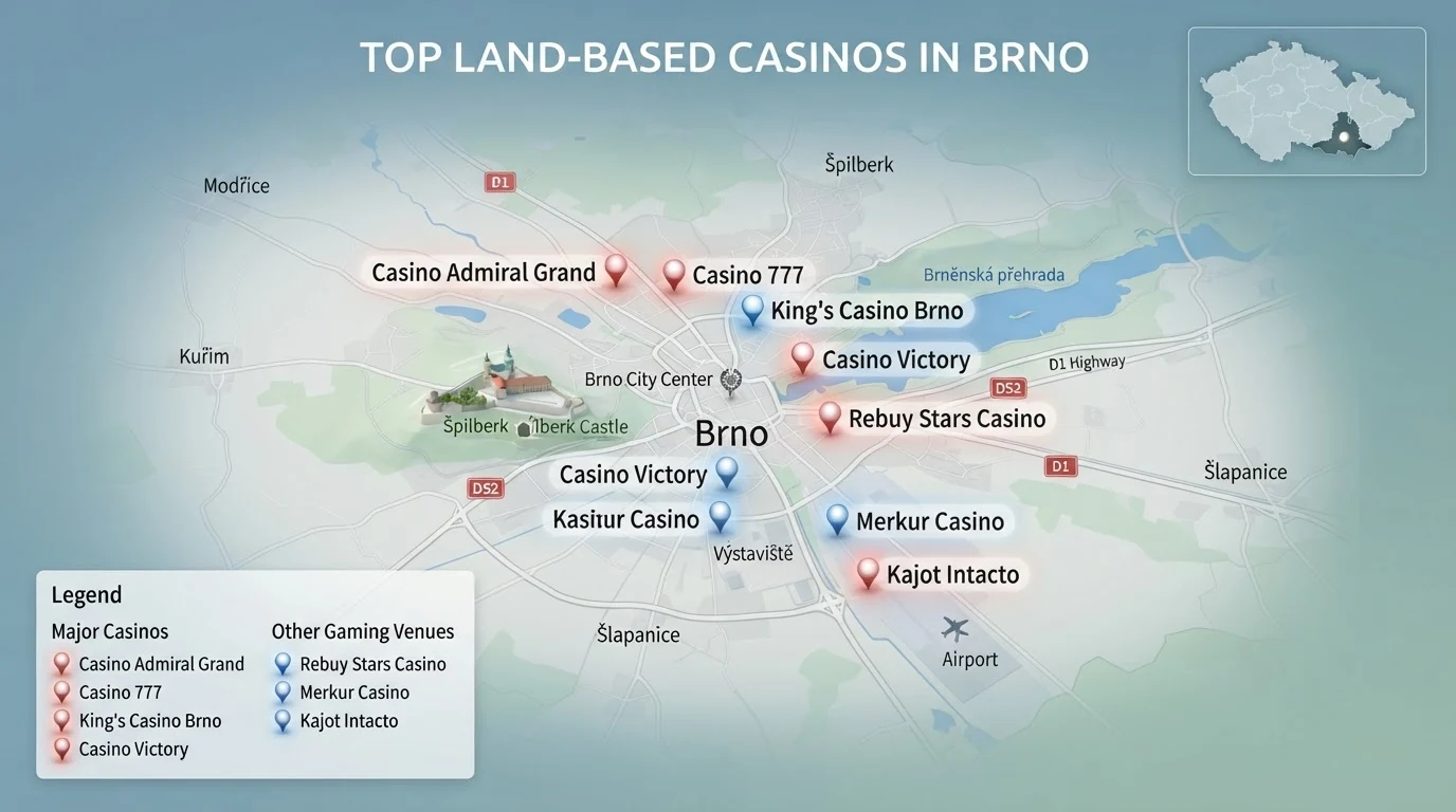 Mapa Brna a okolí s vyznačenými body znázorňujícími polohu jednotlivých kamenných kasin