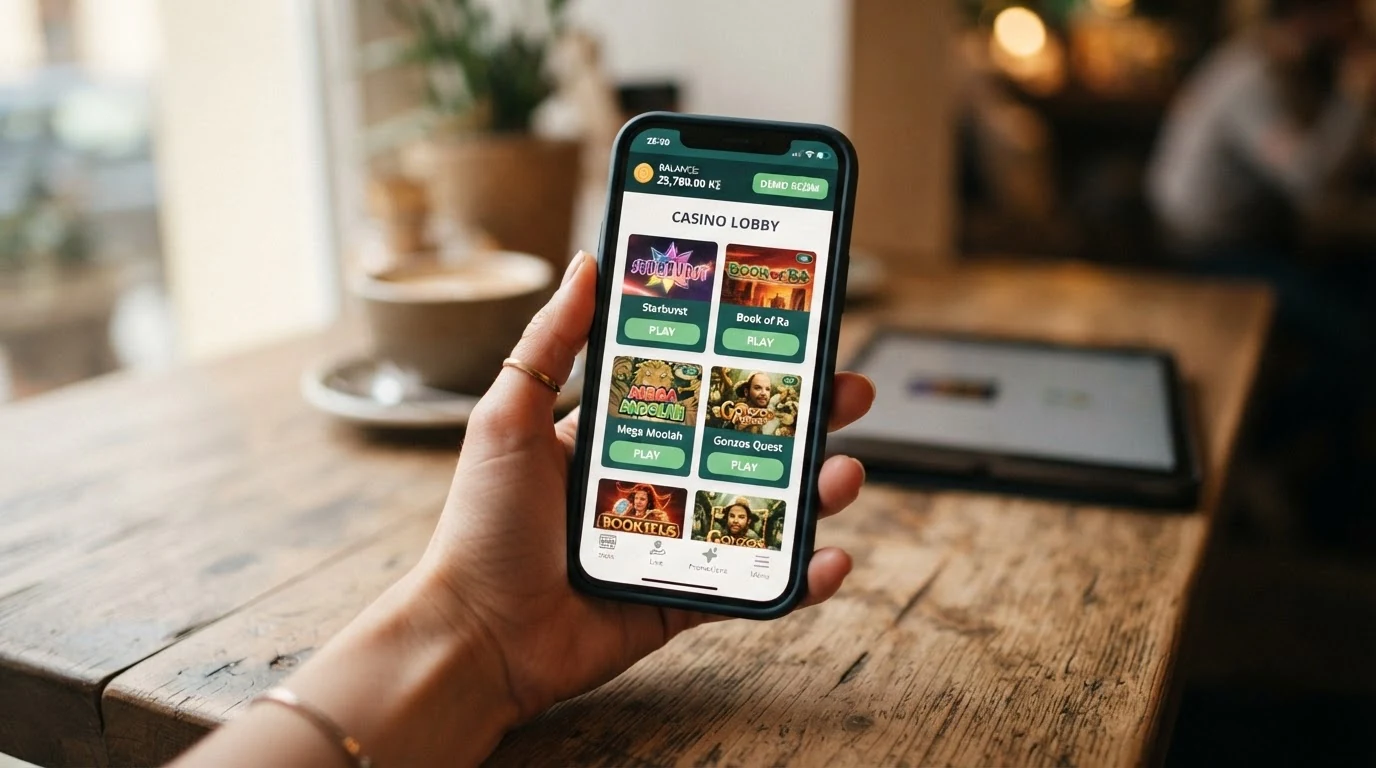 Mobilní telefon zobrazující casino aplikaci vedle stejné hry v prohlížeči — srovnání rozhraní