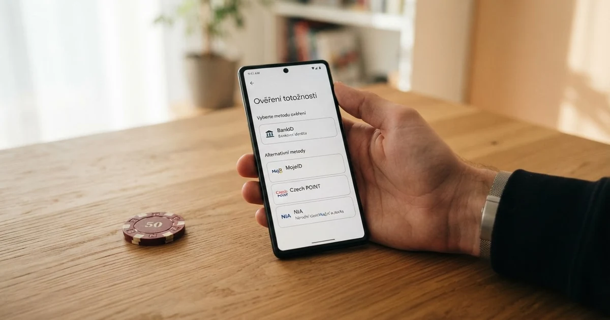 Registrační formulář českého online casina s možností volby mezi ověřením přes BankID a alternativními metodami — standardním formulářem, MojeID nebo Czech POINT.
