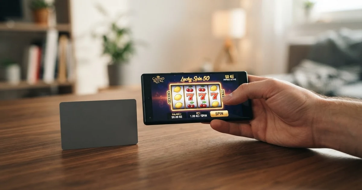 Hráč u online automatu s mobilem v ruce a platební kartou na stole, na obrazovce je vidět pole pro zadání vkladu s částkou 50 Kč
