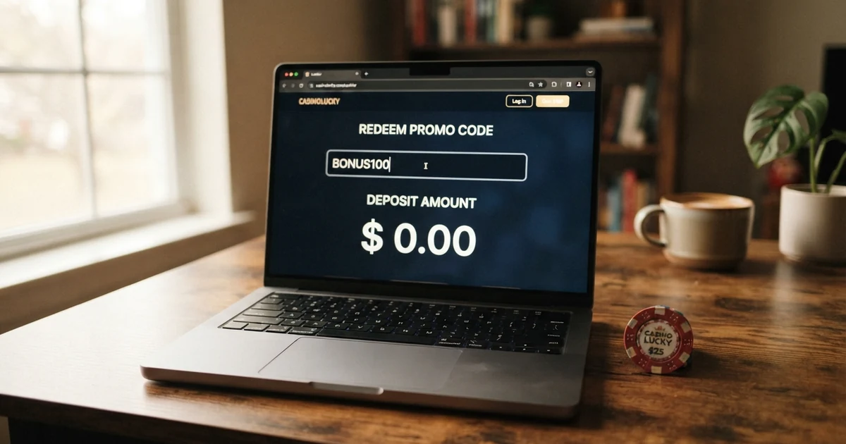 Zadávání bonusového kódu do pole v pokladně online casina na displeji notebooku