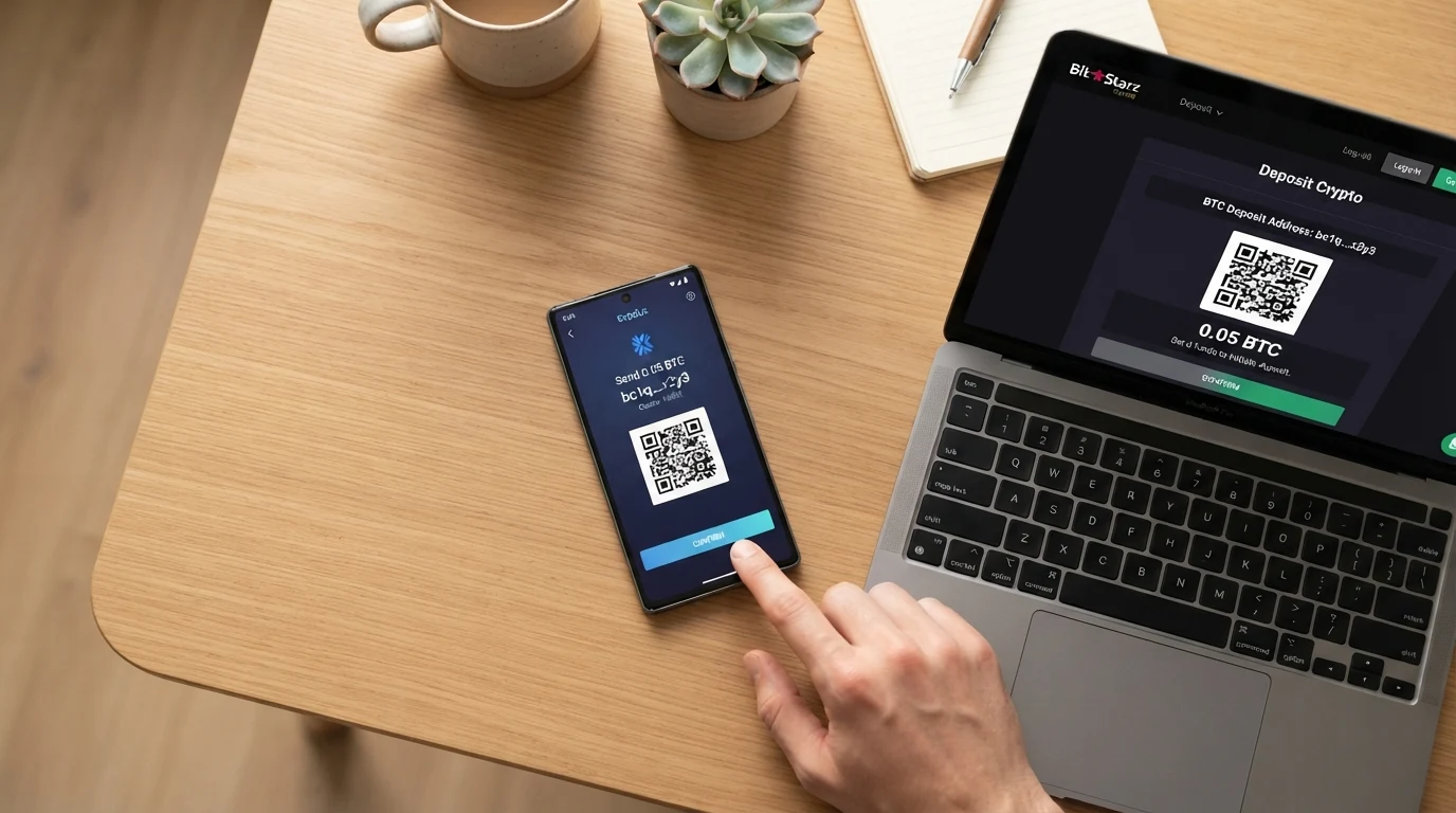 Mobilní telefon s otevřenou ethereum peněženkou a na displeji notebooku zobrazené kasino s adresou pro vklad