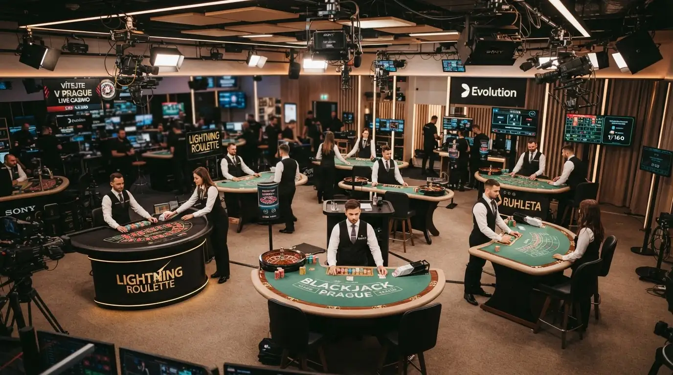 Studio Evolution v Praze s krupiéry u stolů rulety a blackjacku