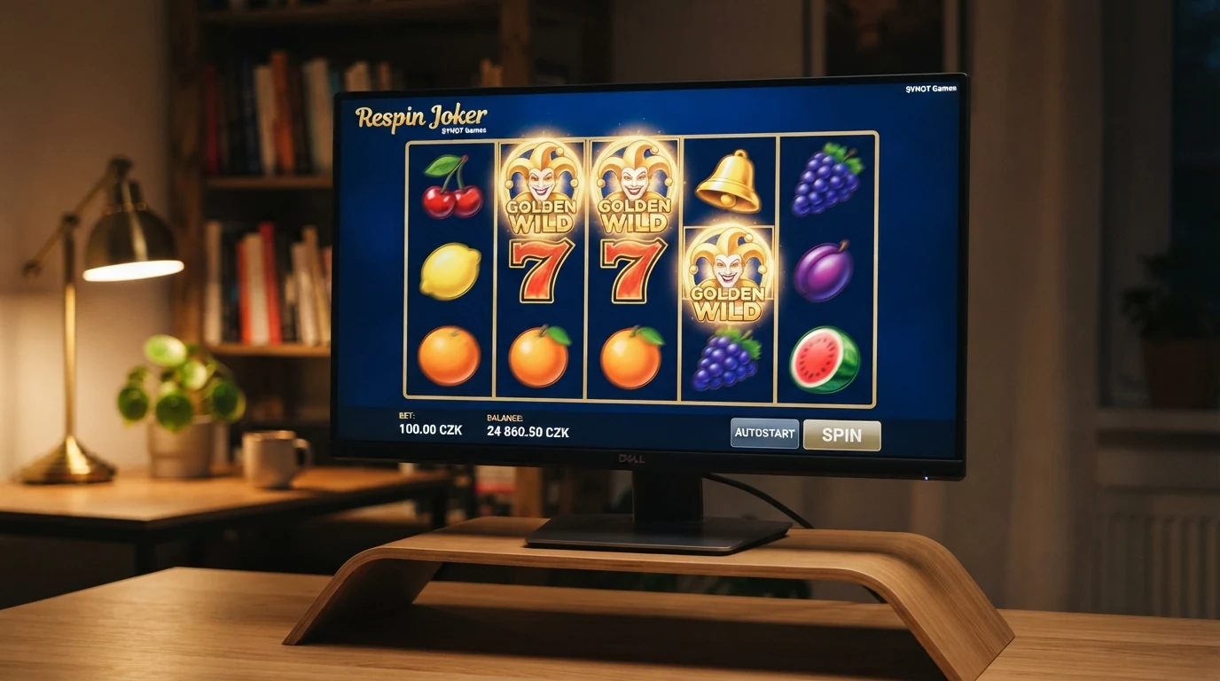 Hrací pole automatu Respin Joker od SYNOT Games s pěti výherními liniemi a zvýrazněnými symboly jokera na obrazovce monitoru