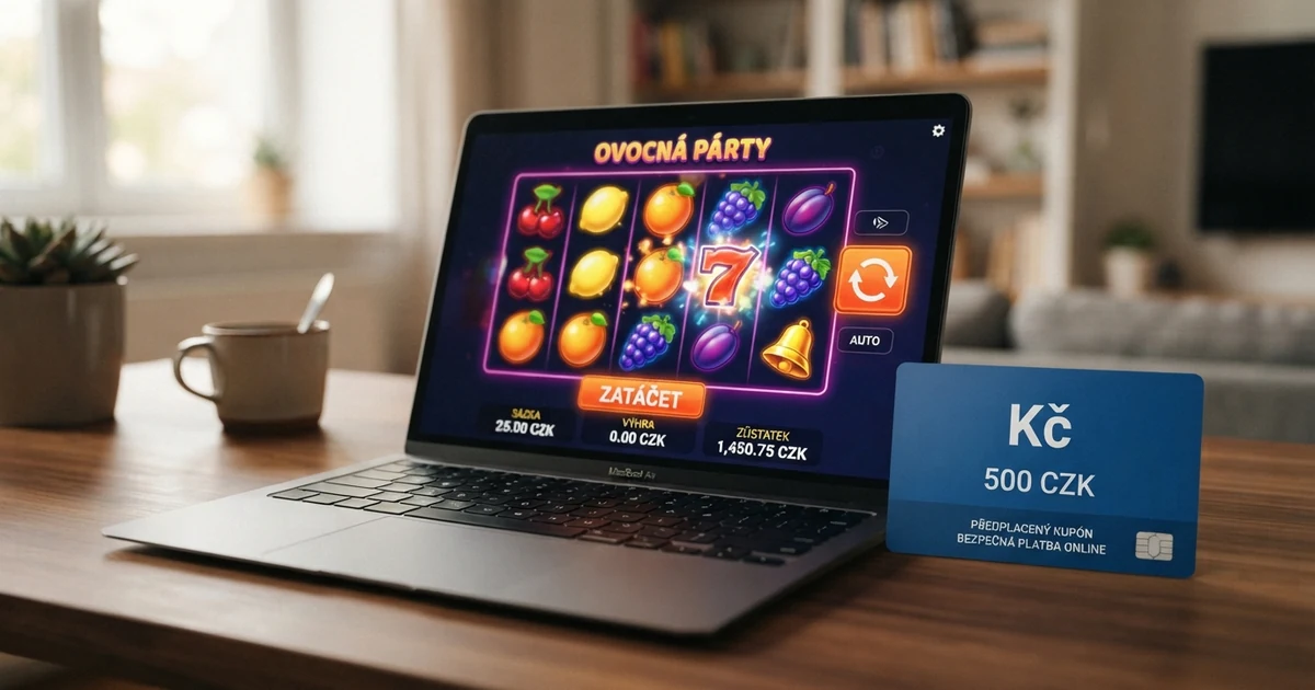 Roztočené válce online automatu s barevnými ovocnými symboly a rozhraním s tlačítky sázky na obrazovce notebooku