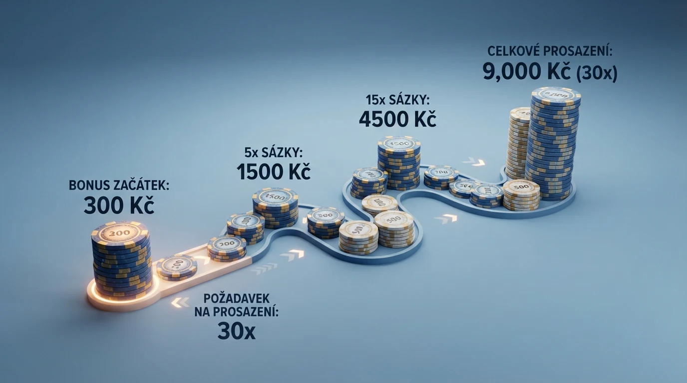 Infografika znázorňující cestu bonusu 300 Kč skrz protočení 30× — od připsání přes 9 000 Kč v sázkách až po potenciální výběr