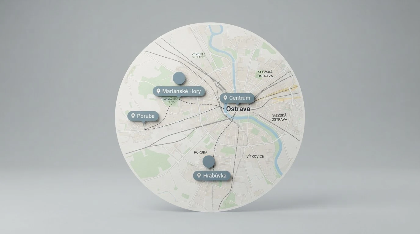 Mapa Ostravy s vyznačenými body — centrum, Mariánské Hory a jižní okraj s Paskovem