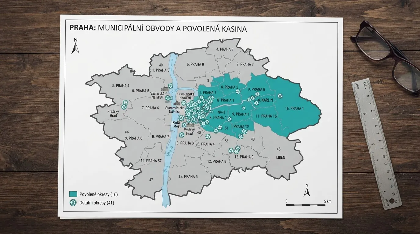 Mapa Prahy s vyznačenými městskými částmi, kde jsou kasina