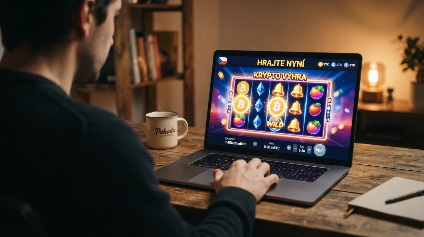 Rozhraní online automatu v krypto kasinu s viditelnými válci a ovládacími prvky