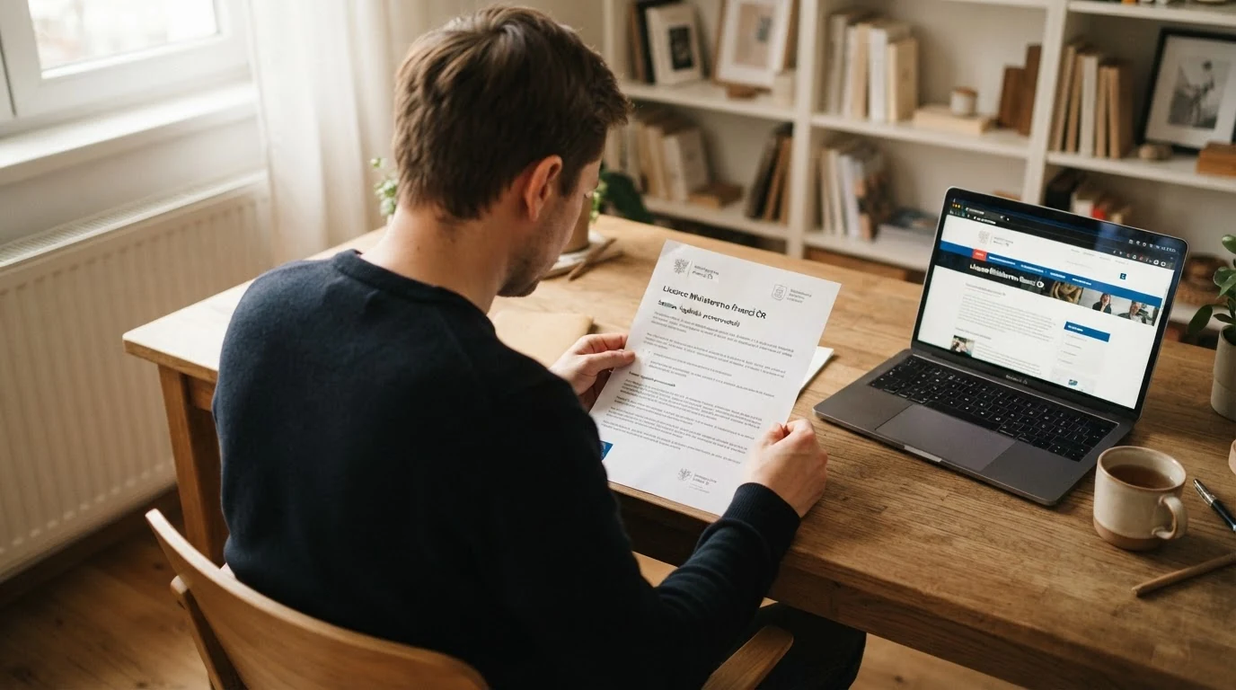 Úřední výtah z registru MF ČR nebo vizualizace pojmu licence — pečeť, dokument, případně logo Ministerstva financí na obrazovce