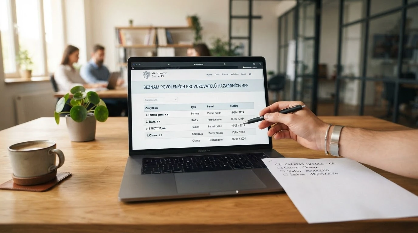 Úřední dokument s razítkem Ministerstva financí ČR a notebook s otevřeným registrem provozovatelů