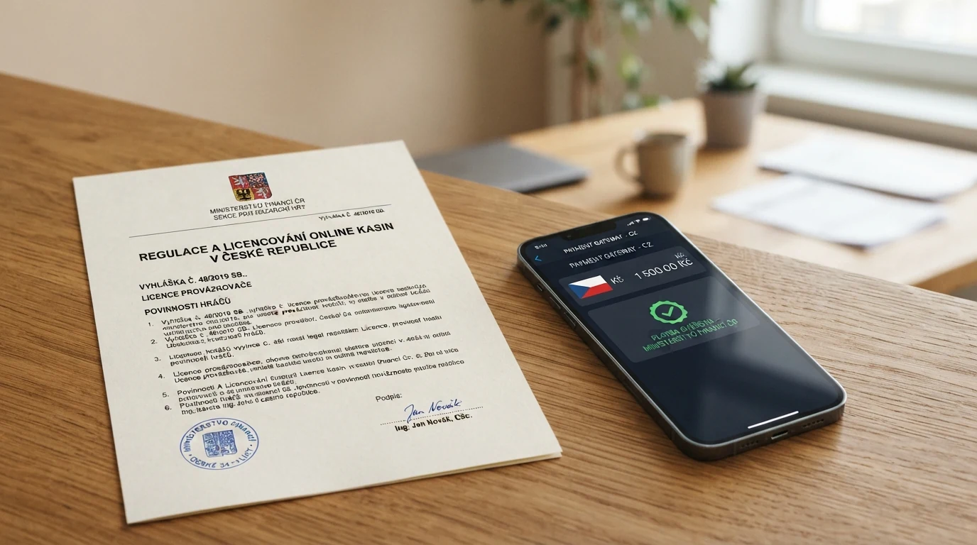 Dokument s razítkem Ministerstva financí ČR vedle obrazovky s logem Apple Pay a českou vlajkou