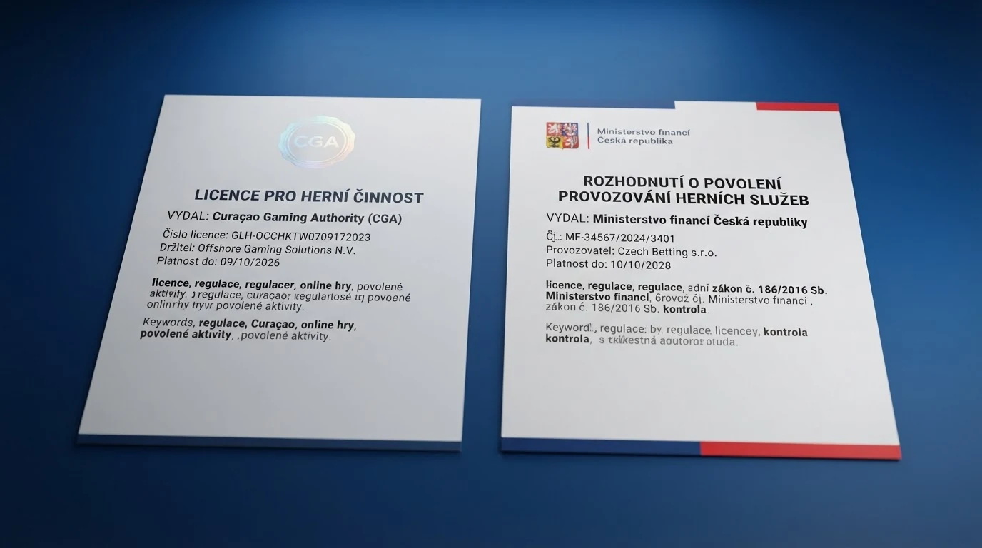 Výřez z oficiálního dokumentu Ministerstva financí ČR vedle loga Curaçao Gaming Authority — dva regulační světy vedle sebe