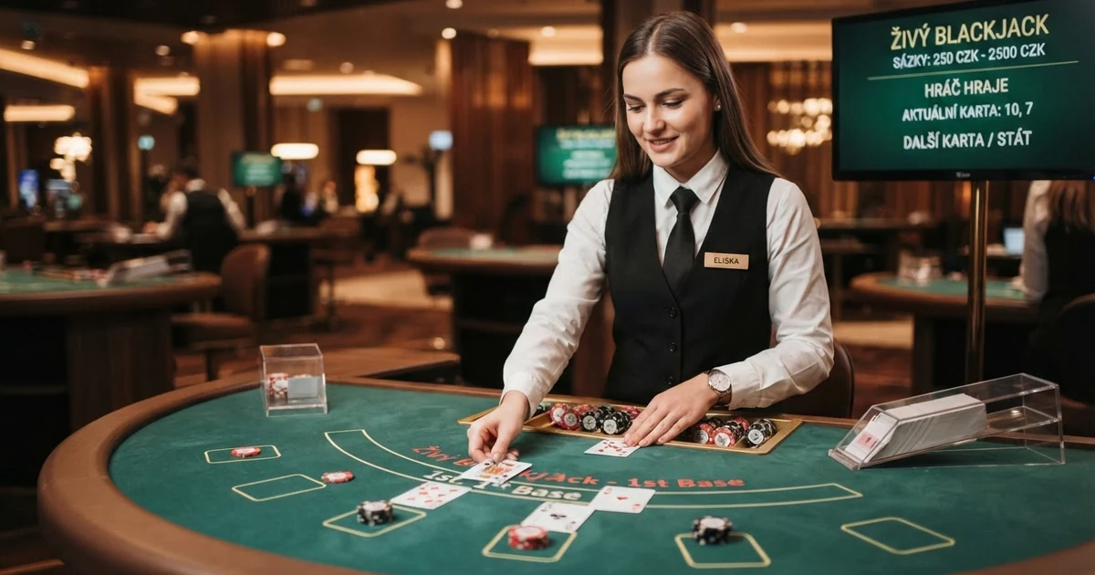 Živý krupiér u blackjackového stolu v českém studiu Evolution, v pozadí herní rozhraní s možnostmi sázek