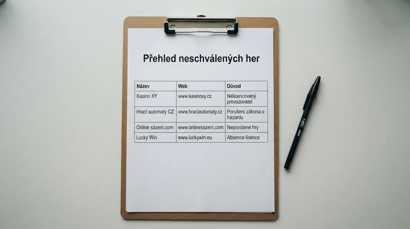 Úřední dokument Ministerstva financí ČR a výřez ze Seznamu nepovolených internetových her