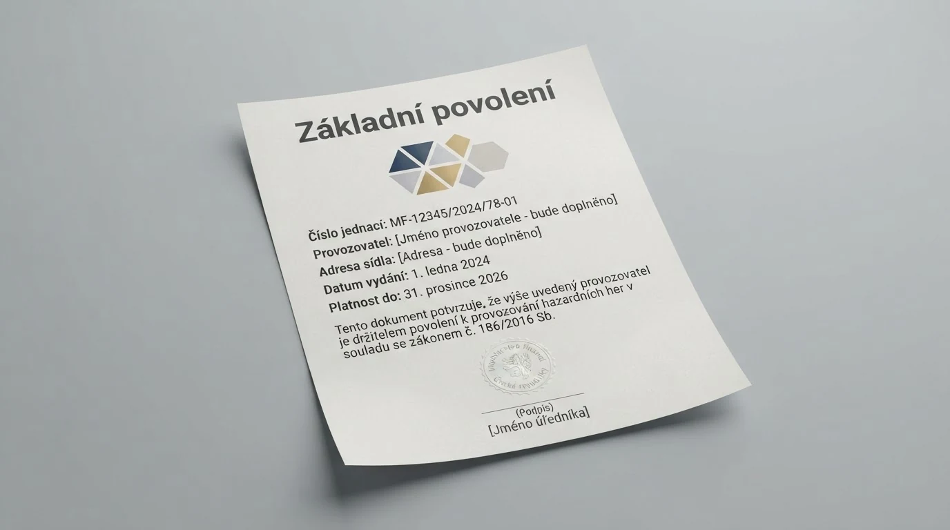 Výřez z veřejného registru Ministerstva financí ČR s logem státní instituce a nápisem „základní povolení“