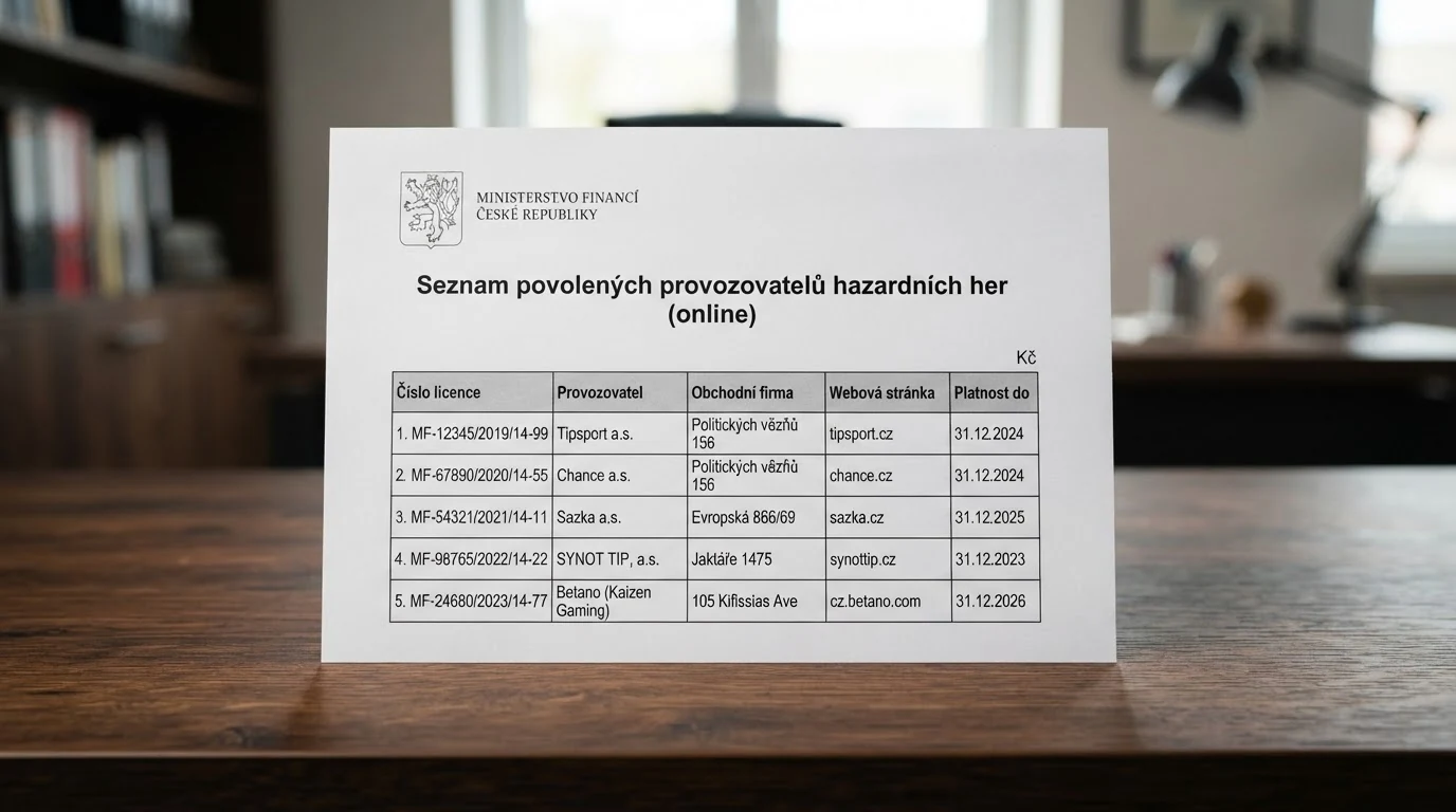 Výřez oficiálního seznamu legálních provozovatelů Ministerstva financí ČR s vyznačeným logem MF ČR