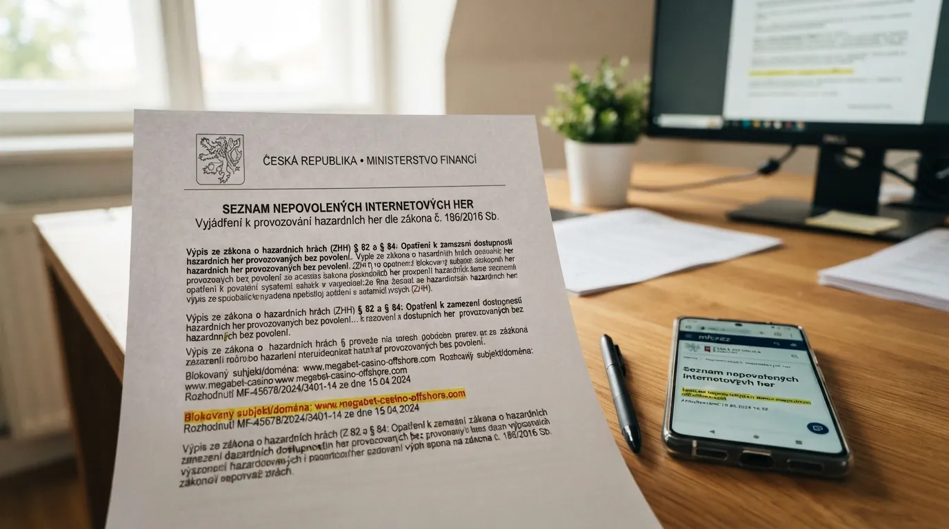 Úřední výpis ze Seznamu nepovolených internetových her s logem Ministerstva financí ČR a paragrafovým odkazem