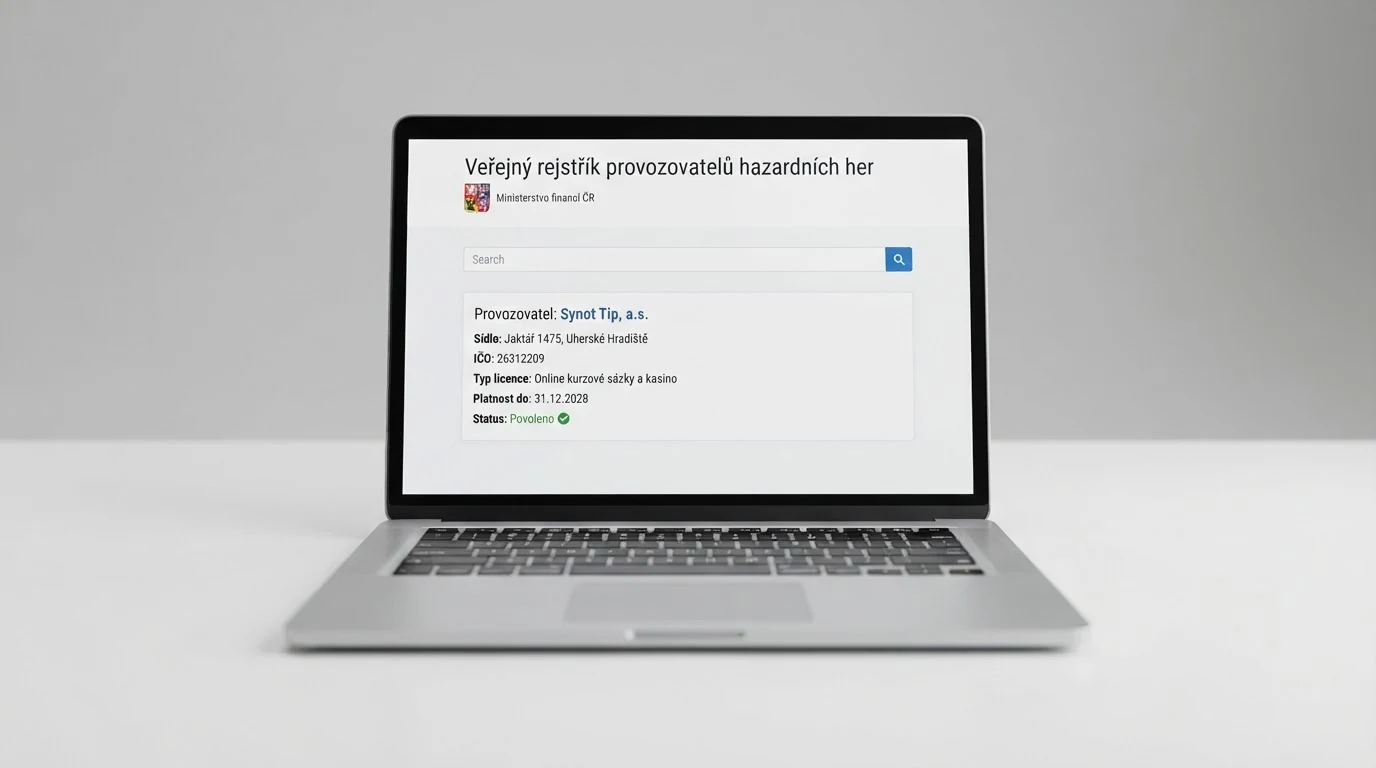 Snímek obrazovky veřejného registru provozovatelů hazardních her na webu MFČR s vyhledaným záznamem operátora