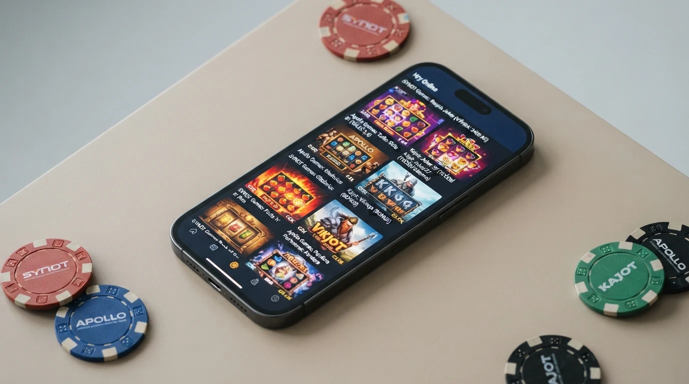 Koláž mobilních automatů od českých výrobců — SYNOT Games a Apollo Games tituly na displeji telefonu