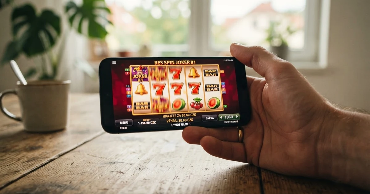 Hráč držící mobilní telefon s roztočeným automatem na obrazovce — české licencované casino v dlani