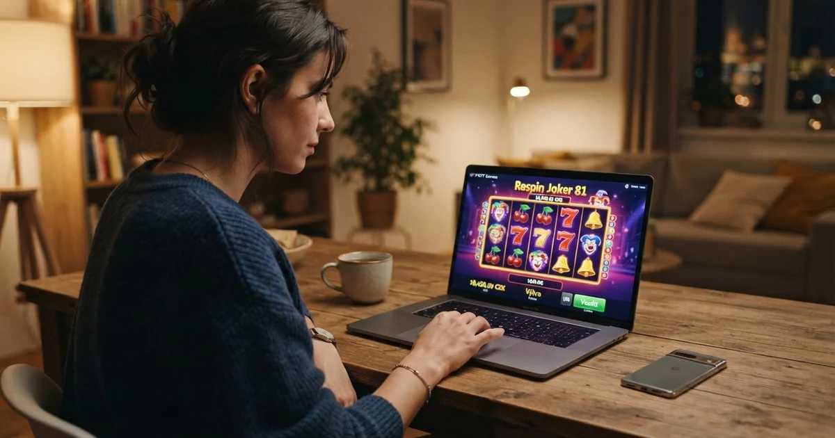 Hráč u počítače s otevřeným online automatem a zobrazenými výherními symboly na displeji