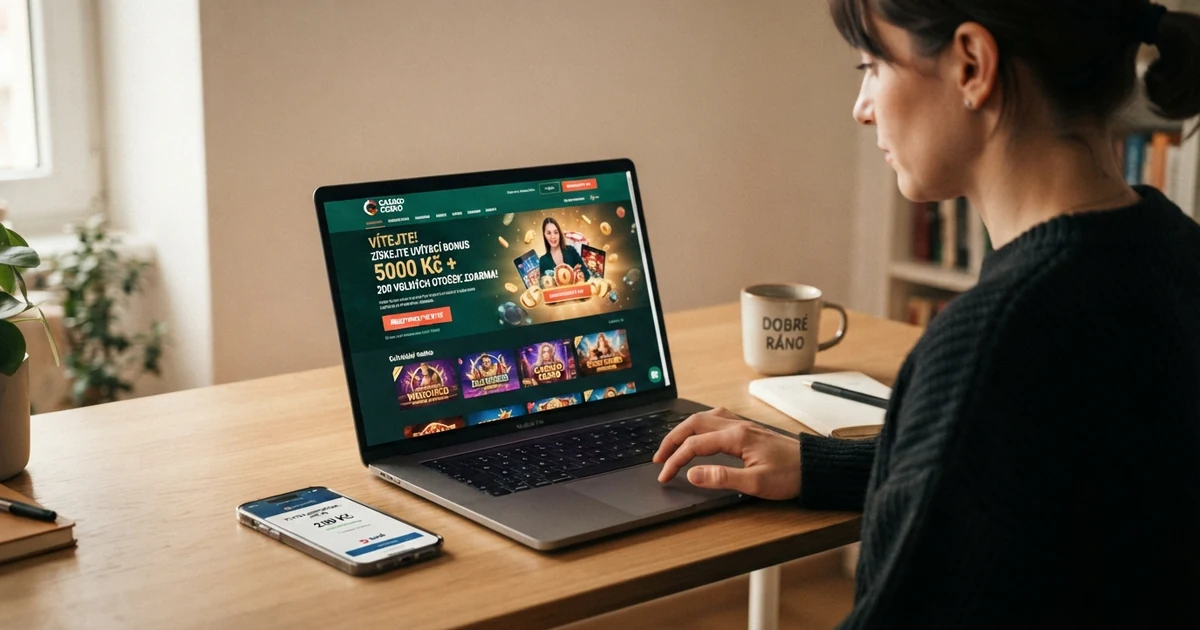 Hráč sedí u počítače a na obrazovce vidí nabídku casino bonusů za registraci, vedle něj mobil s otevřenou registrační stránkou
