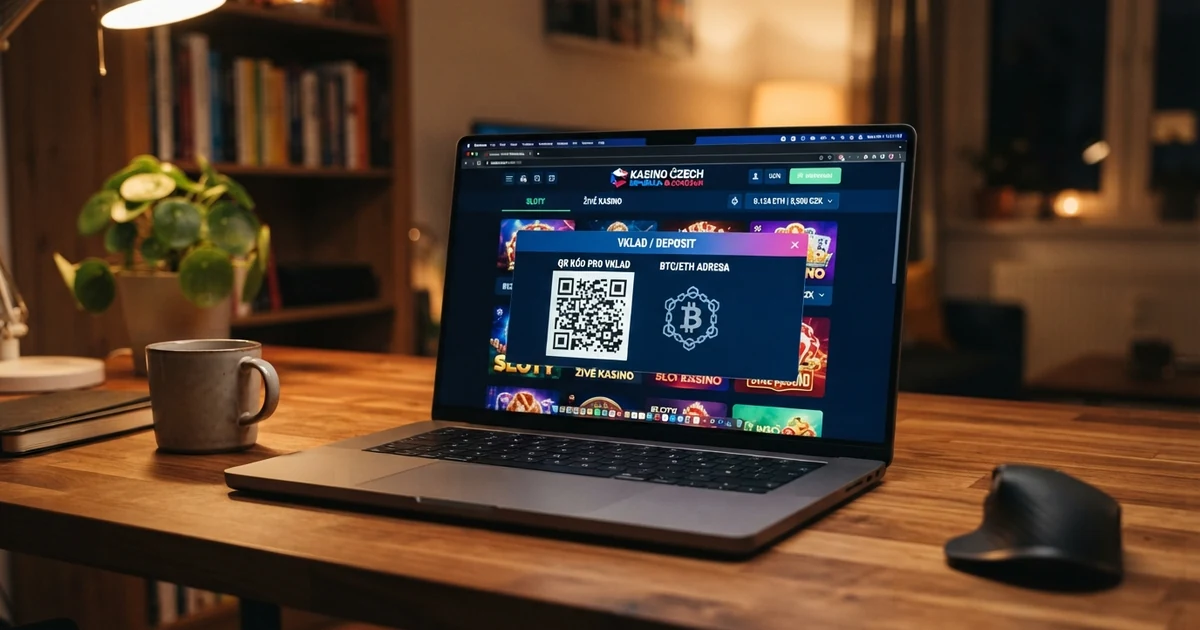 Prostředí online kasina s logem Etherea, vkladovým formulářem a QR kódem na obrazovce notebooku