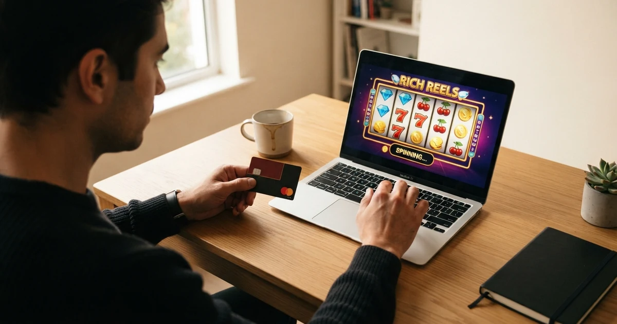 Hráč drží v ruce platební kartu Mastercard před otevřeným notebookem, na jehož obrazovce je vidět rozhraní online kasina s nabídkou vkladu.