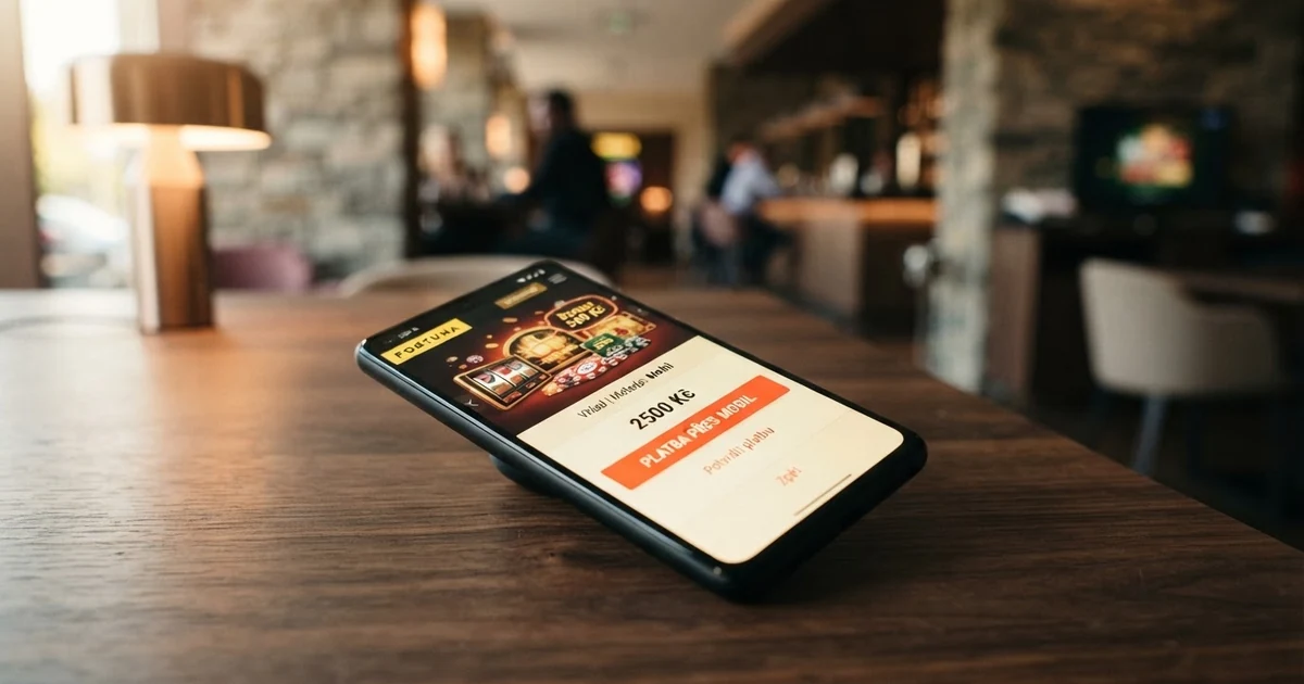 Mobilní telefon s otevřenou stránkou online casina, na displeji logo O2 a tlačítko M-platba