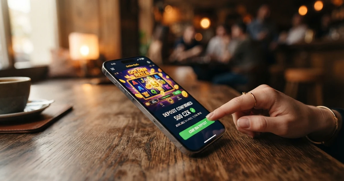 Mobilní telefon s otevřenou casino hrou a potvrzovací SMS zprávou o vkladu na obrazovce