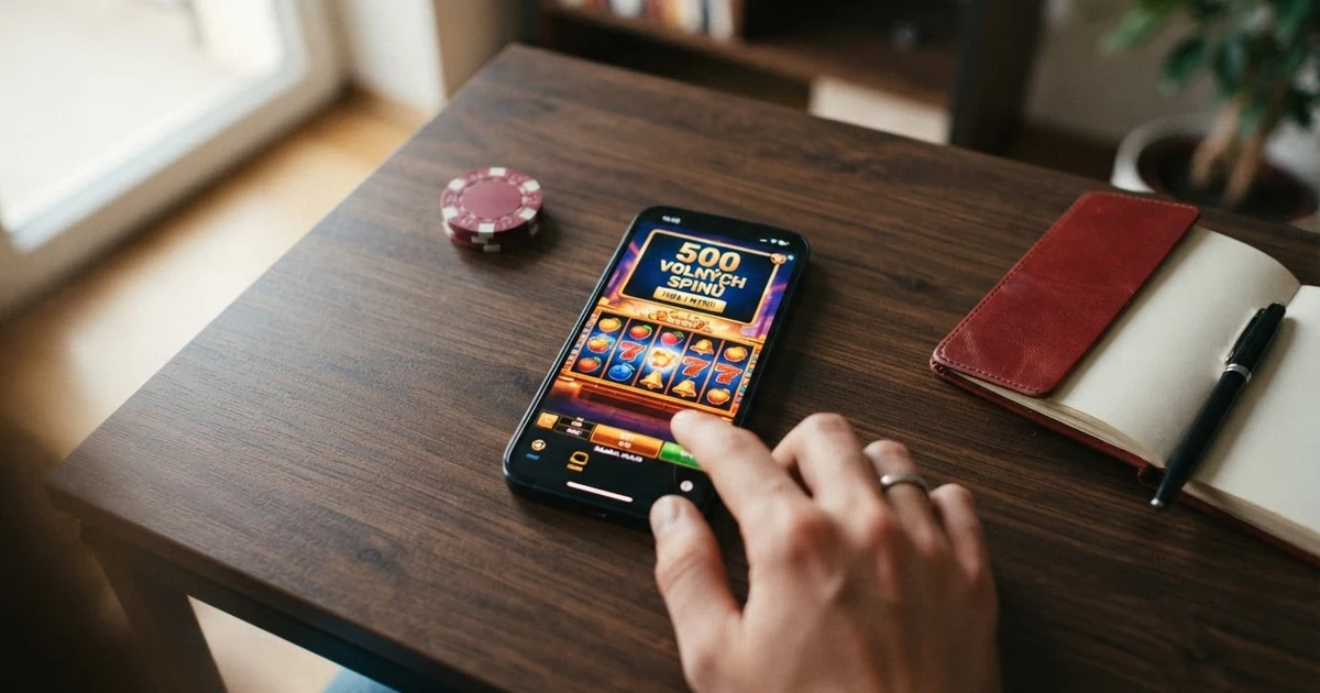 Hráč u obrazovky s nabídkou volných otoček v online casinu, na pozadí podmínky bonusu