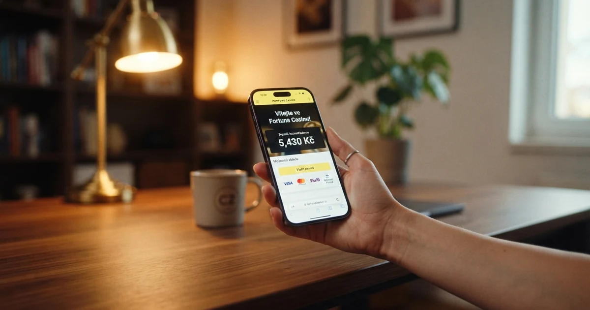 Hráč u obrazovky s mobilem a platební kartou, na displeji výběr platebních metod online casina