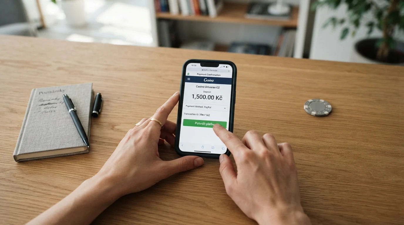 Ukázka rozhraní PayPal platby v online kasinu s vyznačenými kroky vkladu