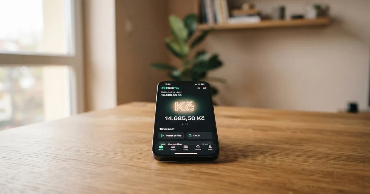 Platební rozhraní NetePay peněženky na displeji mobilního telefonu vedle loga Netera Systems