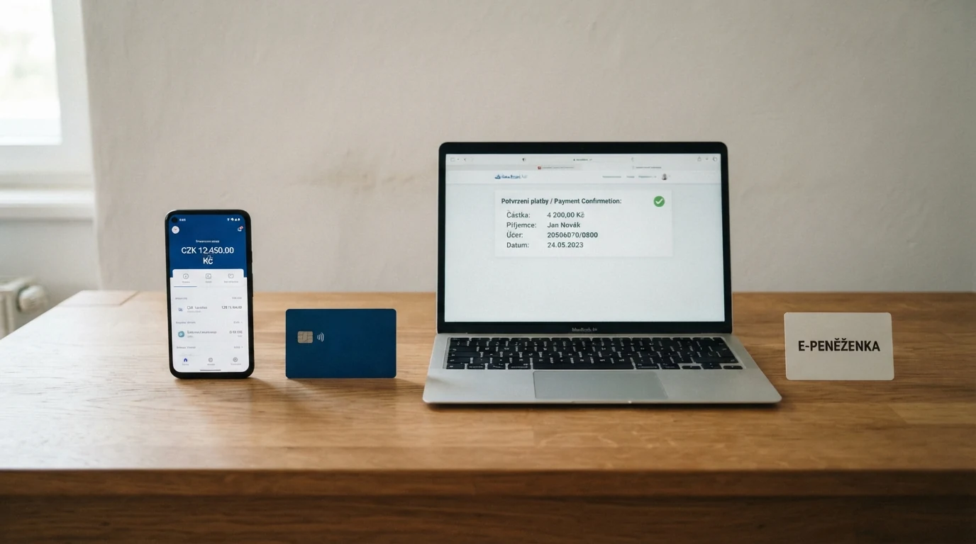 Platební karta, mobil s aplikací NeteraPay, bankovní převod na displeji notebooku a logo Skrill — přehled metod pro výběr