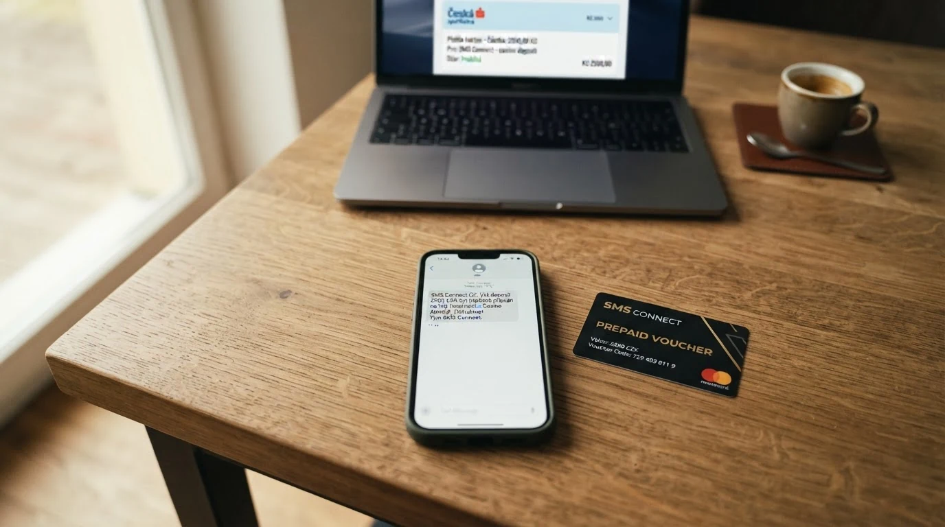 Mobilní telefon zobrazující SMS platbu vedle předplacené karty Paysafecard a bankovní aplikace