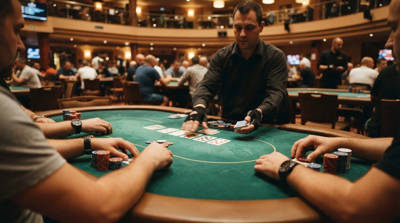 Pohled do pokerového sálu — stoly s hráči, žetony a karty pod zeleným světlem lamp