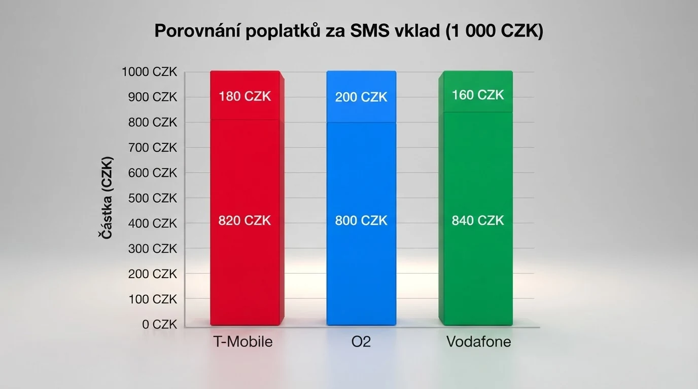 Infografika porovnávající výši poplatků u T-Mobile, O2 a Vodafone při vkladu 1 000 Kč přes NeteraPay