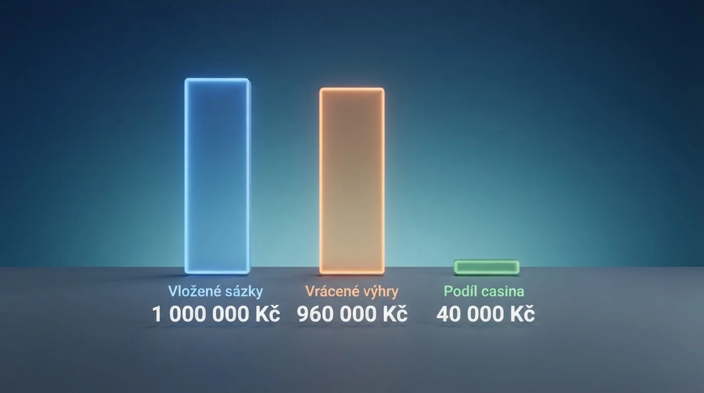 Infografika znázorňující princip RTP — vložené sázky, vrácené výhry a podíl, který si dlouhodobě ponechává kasino