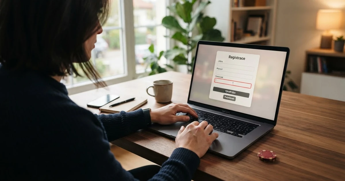 Zadávání promo kódu do registračního formuláře online casina na obrazovce počítače