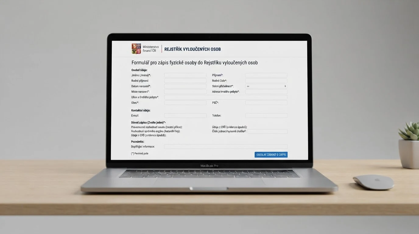 Obrazovka s formulářem žádosti o zápis do rejstříku vyloučených osob