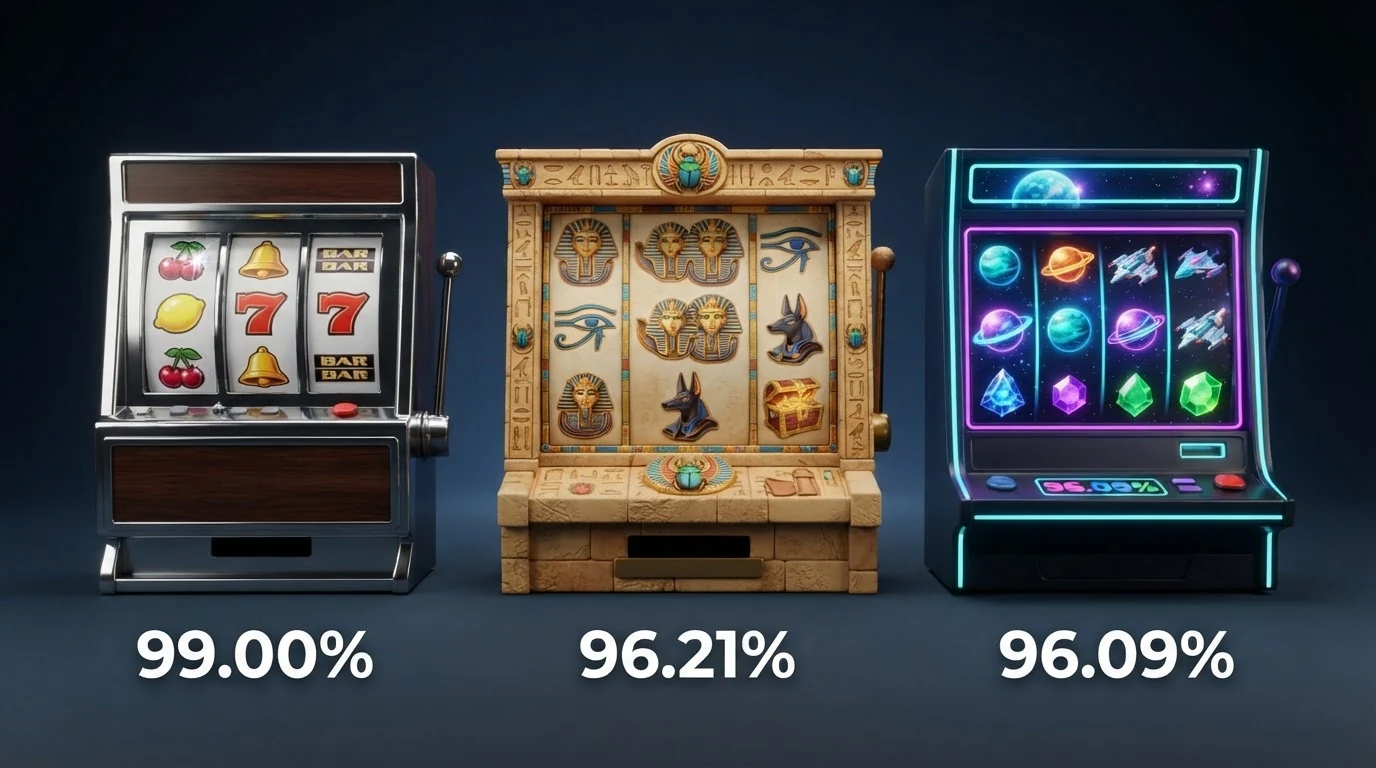 Srovnání tří populárních online automatů na obrazovce tabletu — zleva Mega Joker (NetEnt), Book of Dead (Play'n GO) a Starburst (NetEnt) — s vyznačenou hodnotou RTP u každého z nich