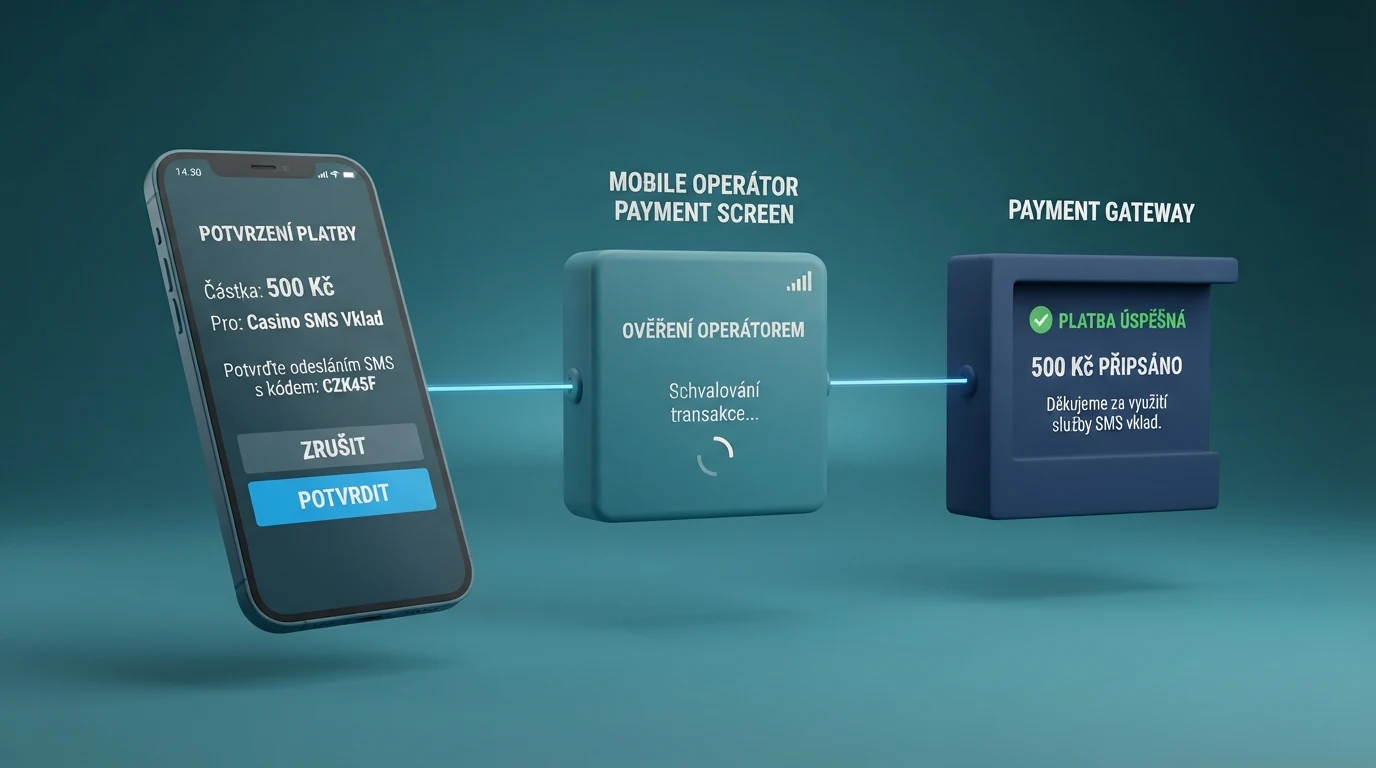 Diagram znázorňující cestu SMS platby od mobilního telefonu hráče přes operátora a NeteraPay až na hráčský účet v online casinu