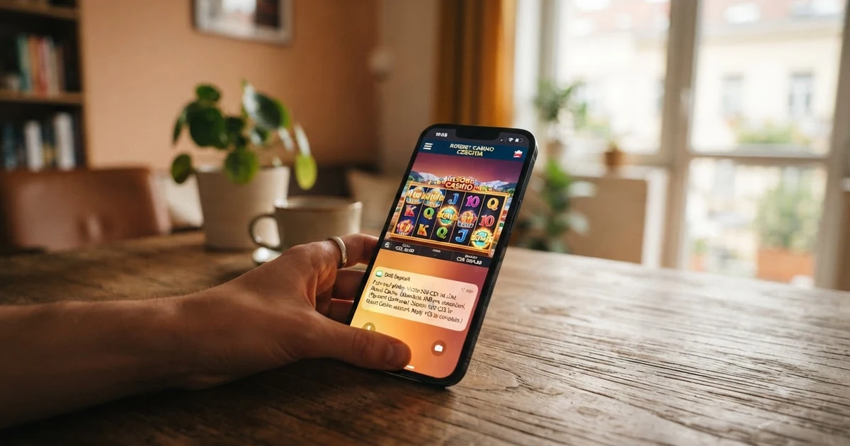 Mobilní telefon s obrazovkou zobrazující online casino a potvrzovací SMS zprávu o provedeném vkladu