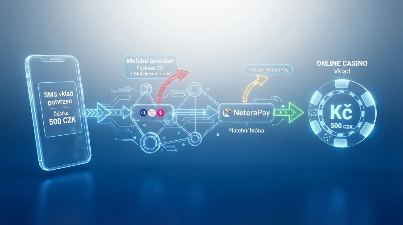 Infografika zobrazující cestu peněz od hráče přes operátora a NeteraPay na herní účet s vyznačením poplatků