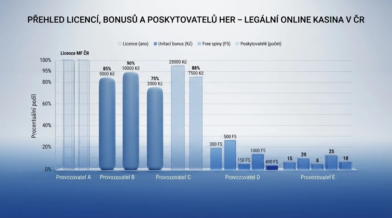 Srovnávací tabulka deseti legálních online casin v České republice — přehled licencí MF ČR, uvítacích bonusů, free spinů a poskytovatelů her.