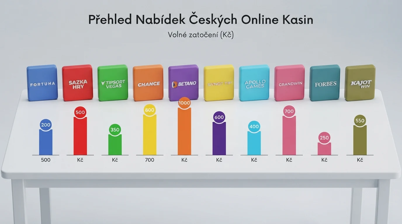 Srovnávací tabulka s logy deseti českých online casin, počty free spinů a licenčními údaji